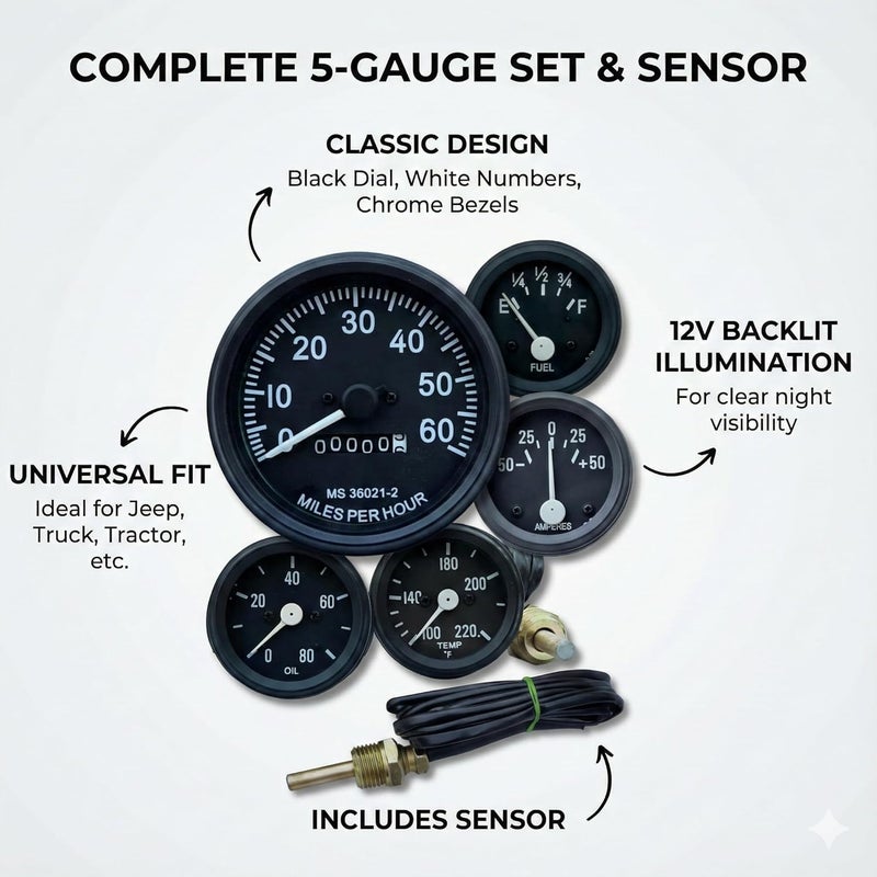 VR Autopedia Gauge Set for Willys Jeeps FD Speedometer Assembly 0-60 MPH Fits- 1946-1964 CJ-2A, 3A, 3B, M38, M38A1, MB GPW CJ2A CJ3A, CJ3B Millitary Trucks & Jeeps | GPW Black Bezels by - Image 2